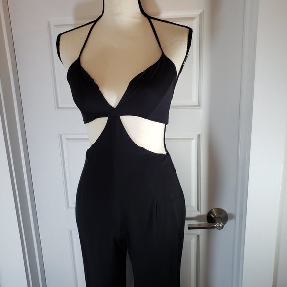 Tobi Pants - Tobi Black Cut Out Crepe Halter Jumpsuit